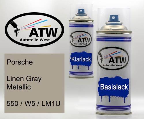 Porsche, Linen Gray Metallic, 550 / W5 / LM1U: 400ml Sprühdose + 400ml Klarlack - Set, von ATW Autoteile West.
